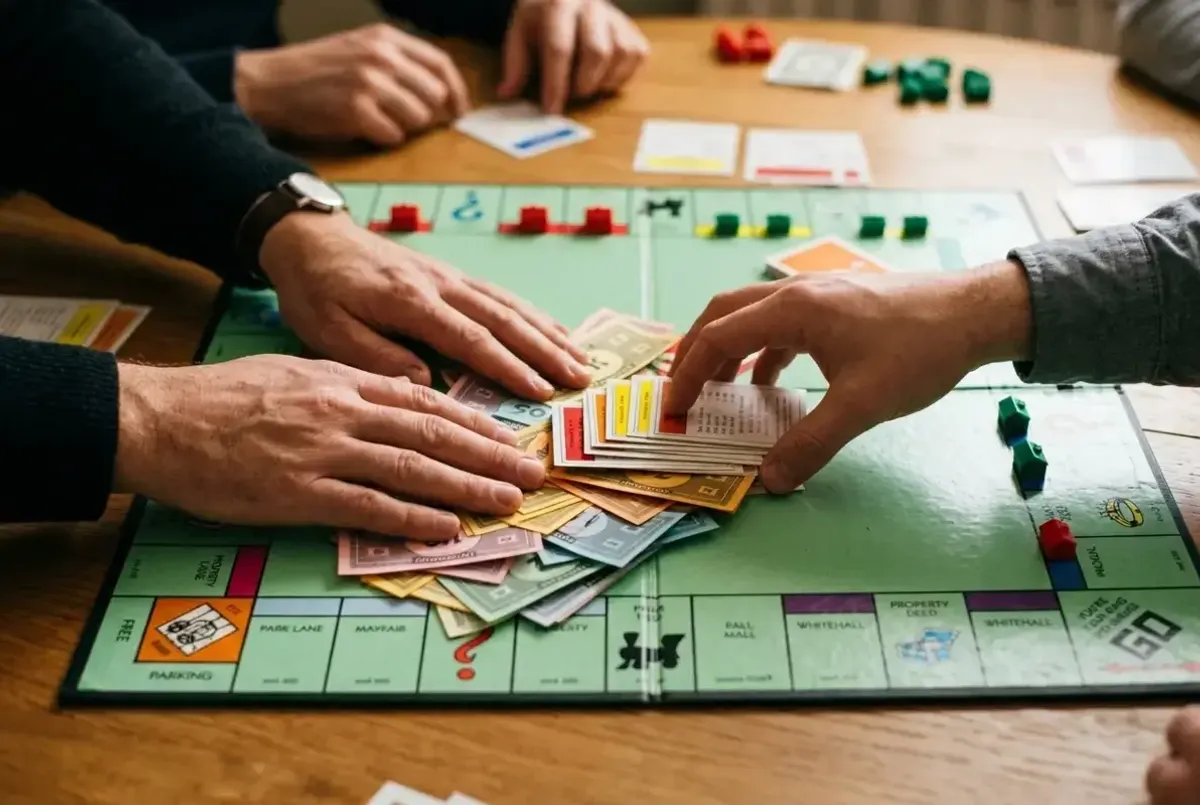 A bankrupt player handing over Monopoly money and property cards at the end of a game