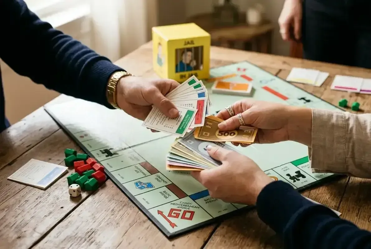 Monopoly players trading property deeds while one token remains in the Jail corner