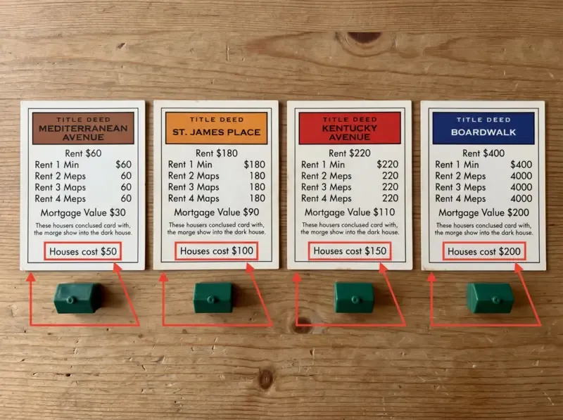 A visual guide showing how much are houses on monopoly title deed cards