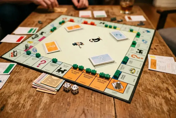 Overhead view of a Monopoly board mid-game with developed orange properties and houses near the Jail corner