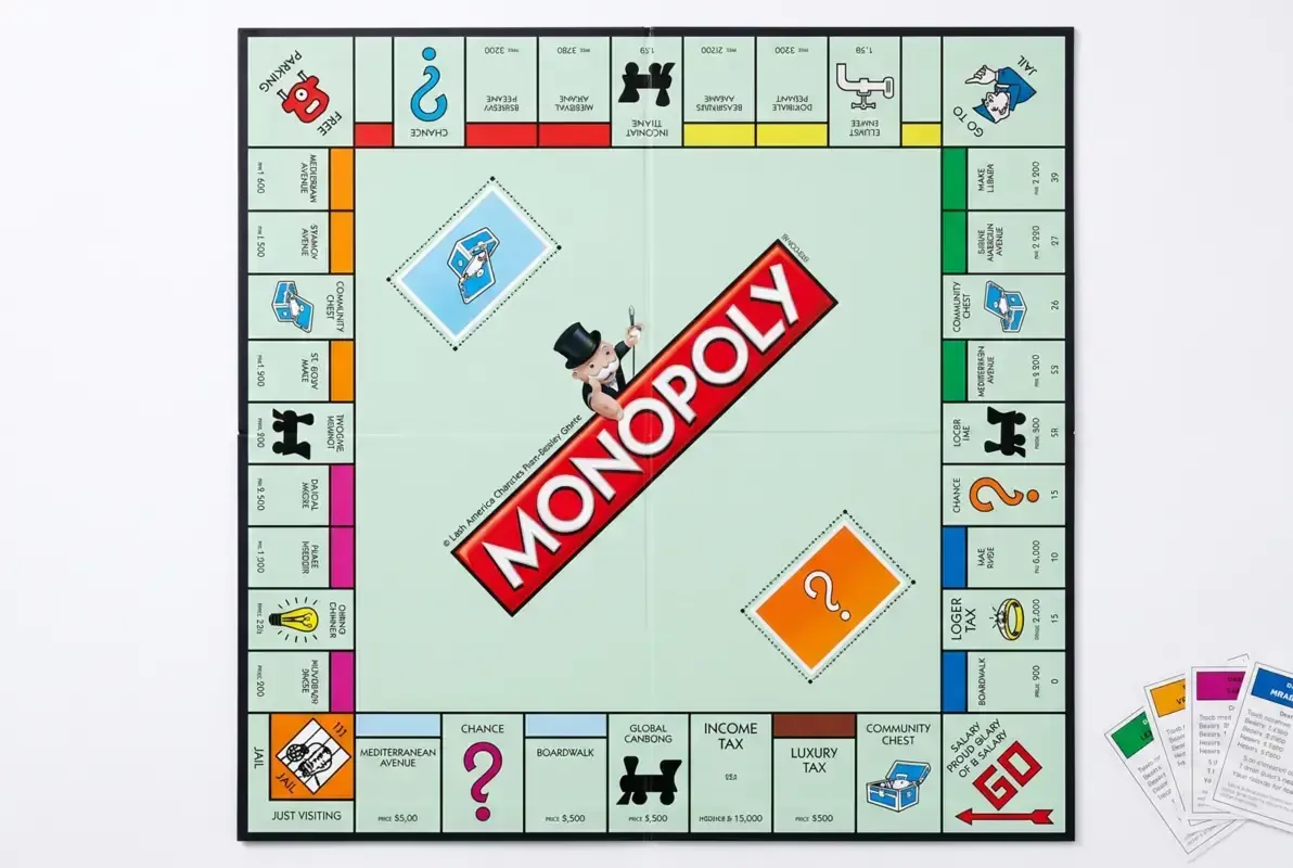 Monopoly board spaces layout showing all 40 squares including corners, taxes, and card spaces