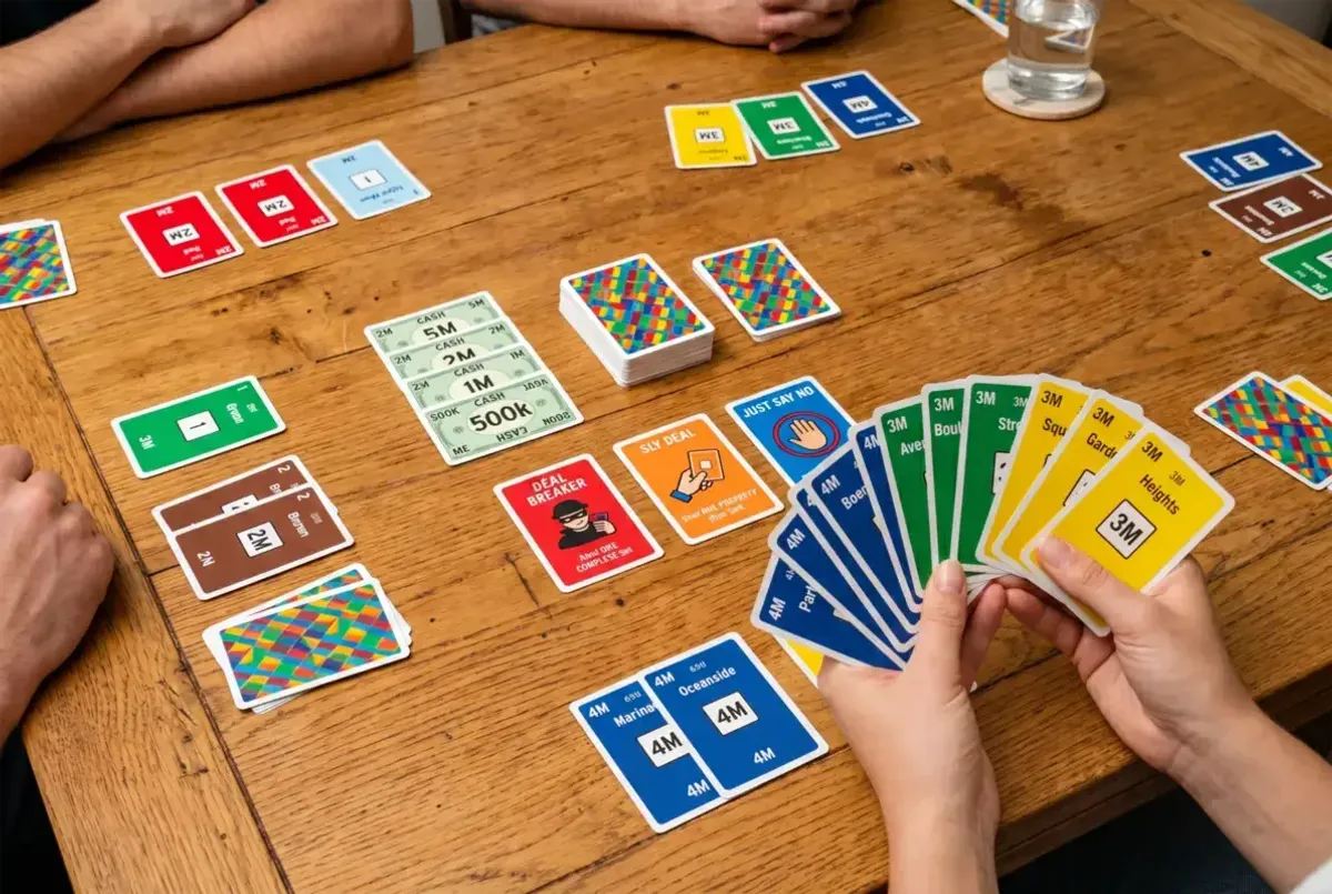 Monopoly Deal card game with property sets held in hand and action cards on the table