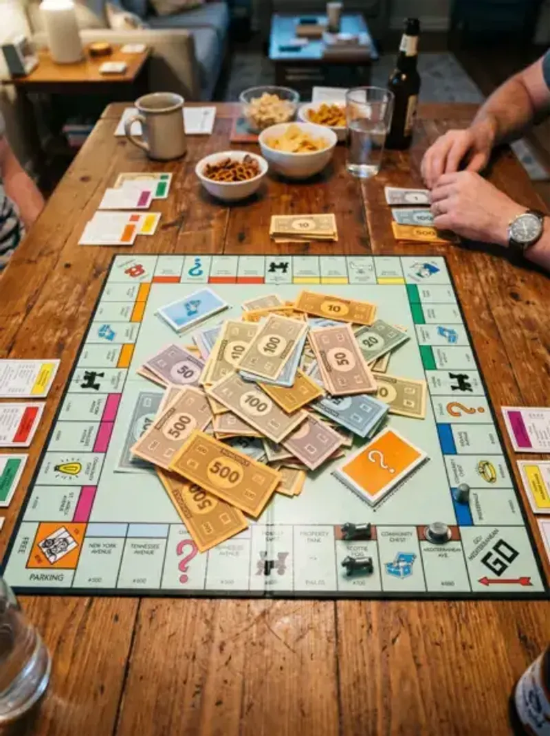 Monopoly board with colorful bills piled in the center as a free parking jackpot house rule