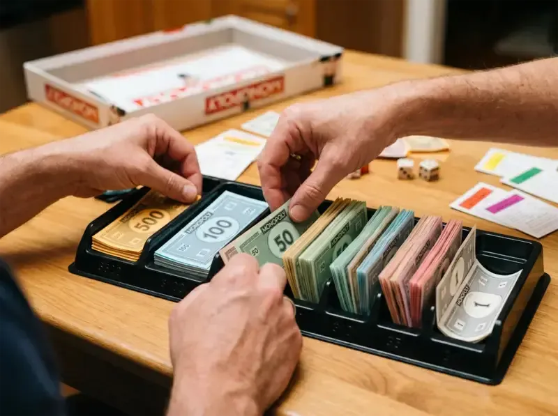 A player performing the monopoly money setup by organizing bills into the plastic bank tray