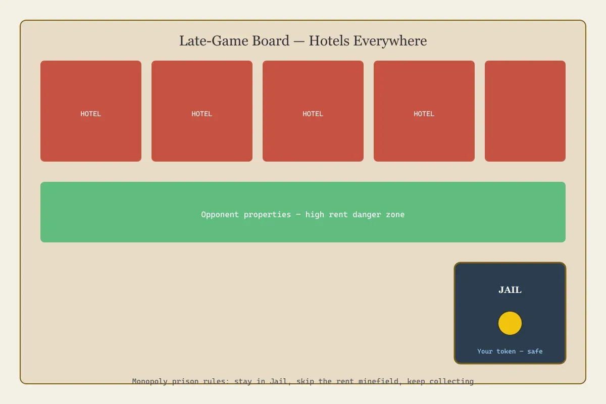 Player safely using monopoly prison rules to avoid paying high rents on hotel spaces