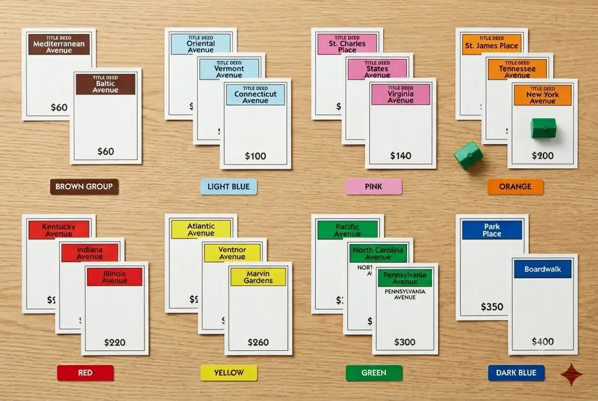 Monopoly property colors in order — brown, light blue, pink, orange, red, yellow, green, and dark blue deed cards