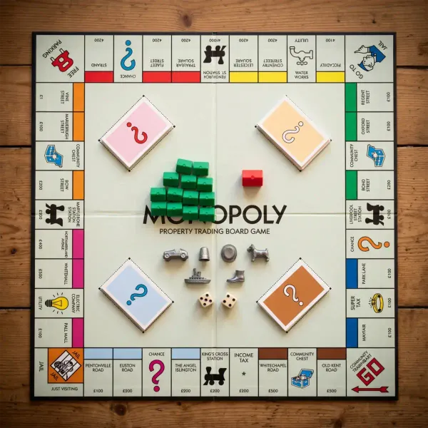 Complete Monopoly board showing all property color groups from brown through dark blue