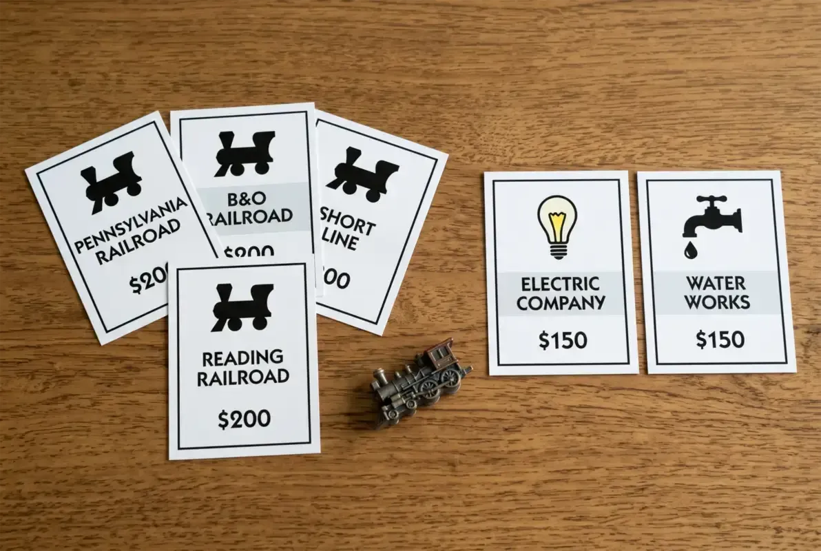 Monopoly railroad deed cards Reading Railroad Pennsylvania B&O Short Line plus Electric Company and Water Works utilities