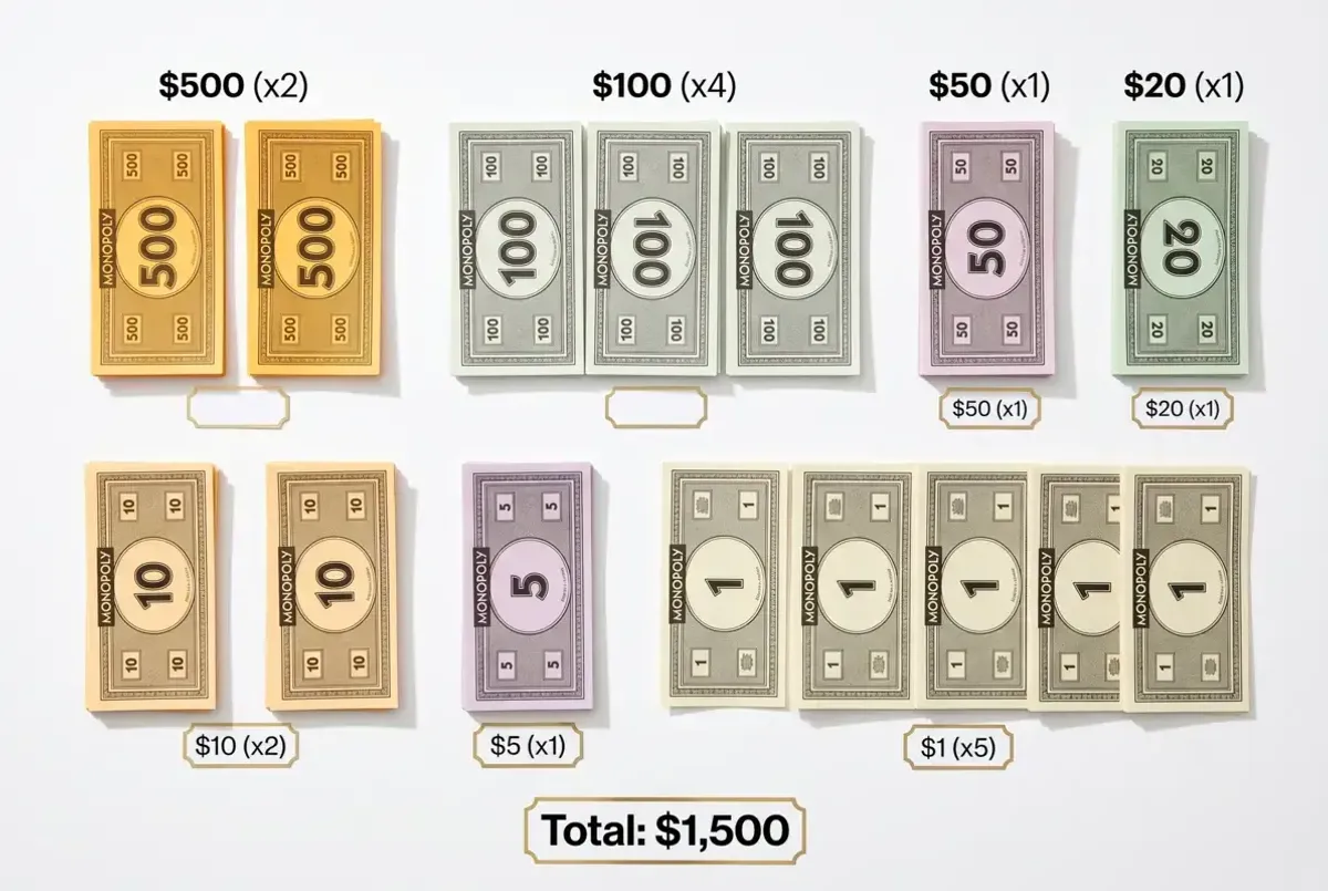Monopoly starting money layout showing the standard $1,500 per player breakdown