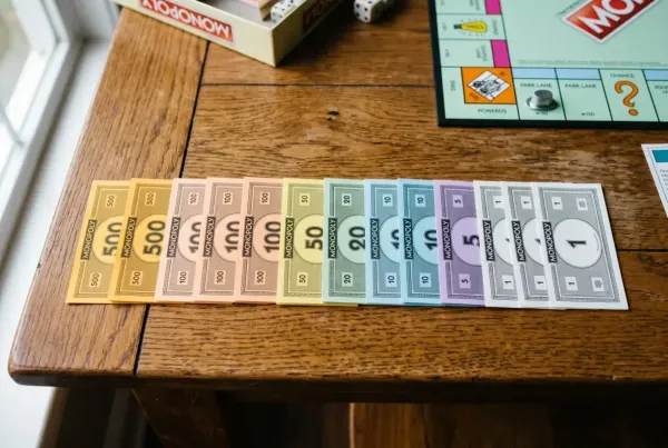 A visual guide showing how much of each bill in monopoly players receive at the start of the game