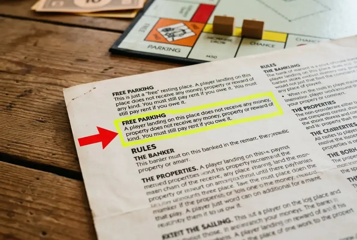 Official Monopoly rulebook with highlighted Free Parking section showing no money is awarded